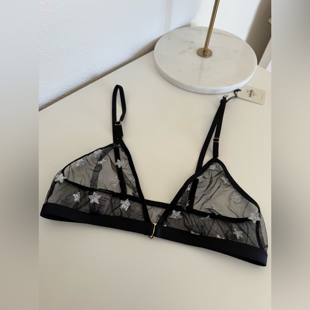 New Le Petit Trou Set Black Sheer Silver Star Embellished Lingerie Set